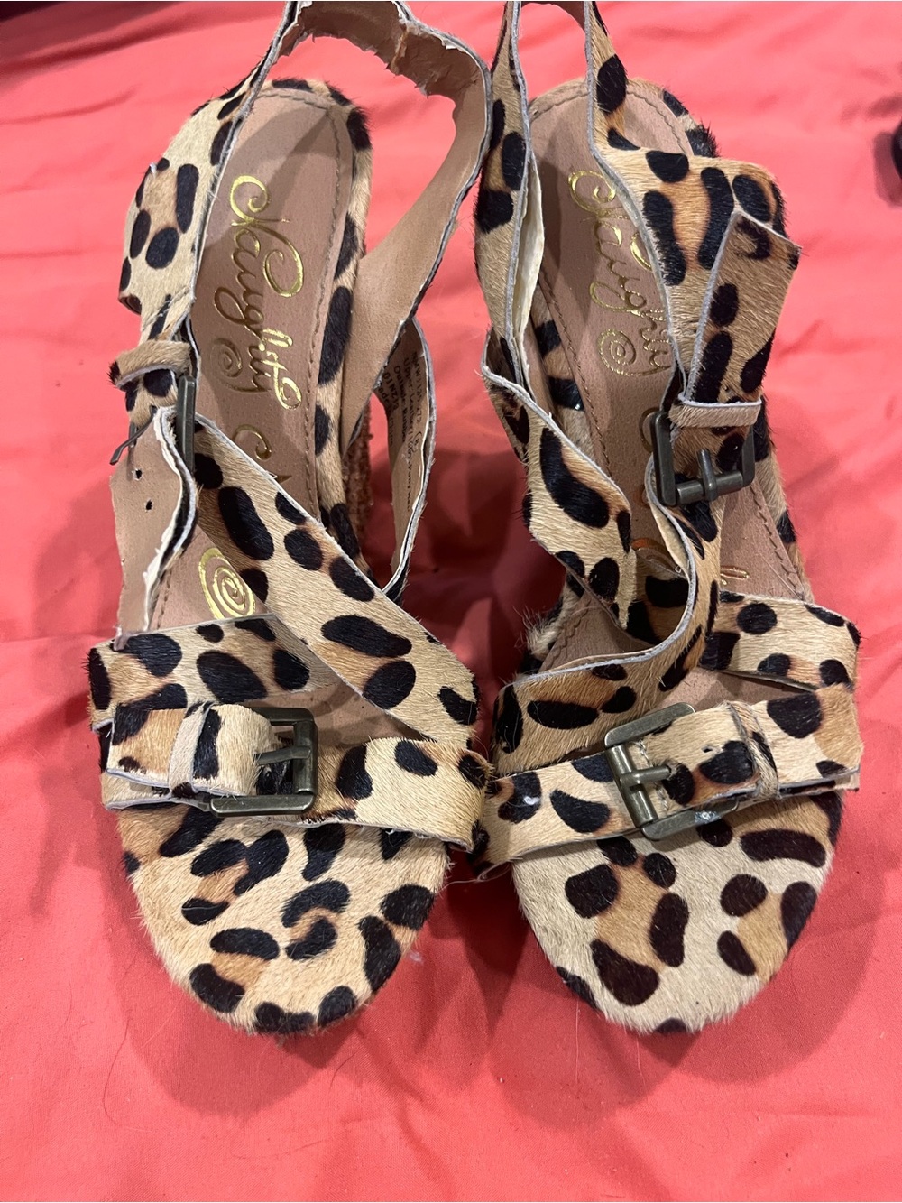 naughty monkey Leopard-Print Slingback Wedges in Tan and Black